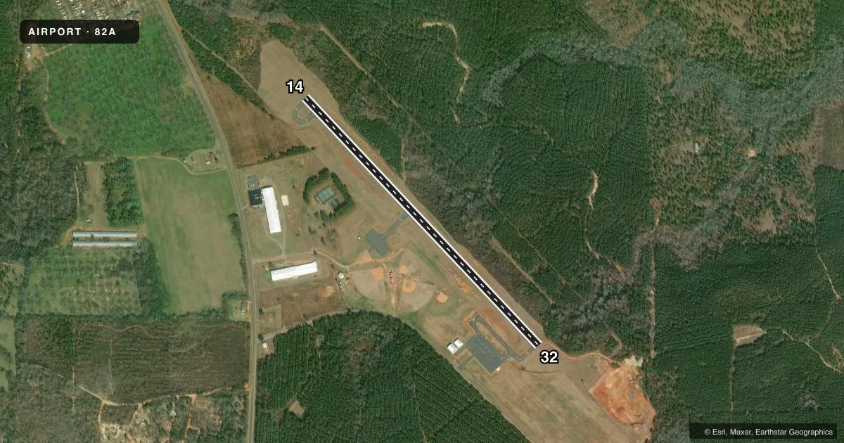 Top-down satellite sketch of 82A MARION COUNTY in BUENA VISTA, GEORGIA, showing runways 14/32 drawn to scale over Esri World Imagery