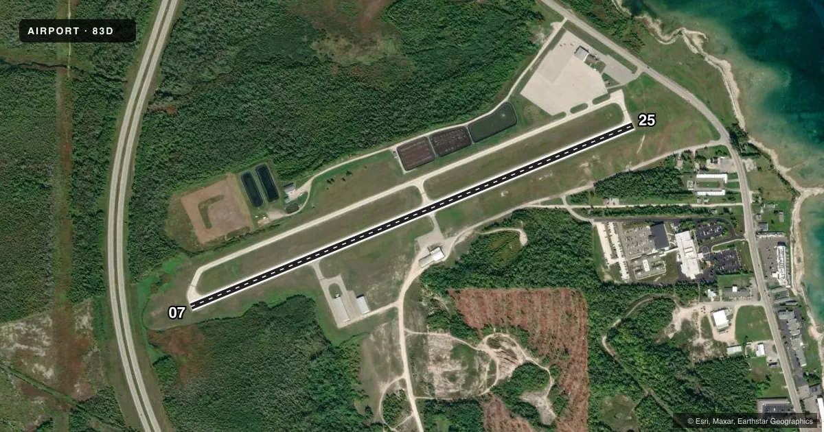 Top-down satellite sketch of 83D MACKINAC COUNTY in ST IGNACE, MICHIGAN, showing runways 07/25 drawn to scale over Esri World Imagery