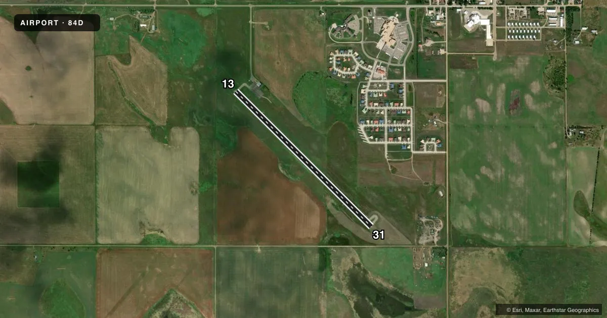 Top-down satellite sketch of 84D CHEYENNE EAGLE BUTTE in EAGLE BUTTE, SOUTH DAKOTA, showing runways 13/31 drawn to scale over Esri World Imagery