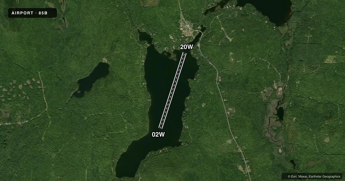 Top-down satellite sketch of 85B SHIN POND in PATTEN, MAINE, showing runways 02W/20W drawn to scale over Esri World Imagery