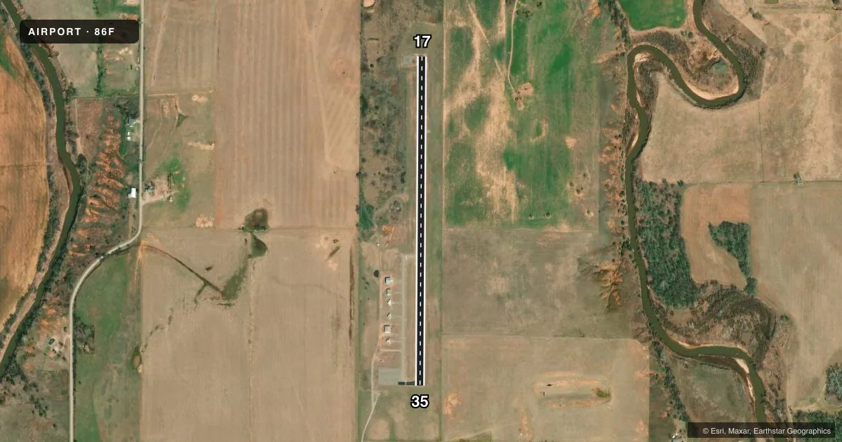 Top-down satellite sketch of 86F CARNEGIE MUNI in CARNEGIE, OKLAHOMA, showing runways 17/35 drawn to scale over Esri World Imagery