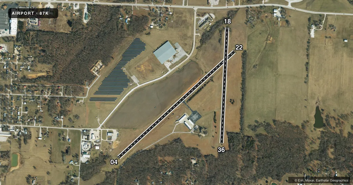 Top-down satellite sketch of 87K EL DORADO SPRINGS MEML in EL DORADO SPRINGS, MISSOURI, showing runways 04/22, 18/36 drawn to scale over Esri World Imagery
