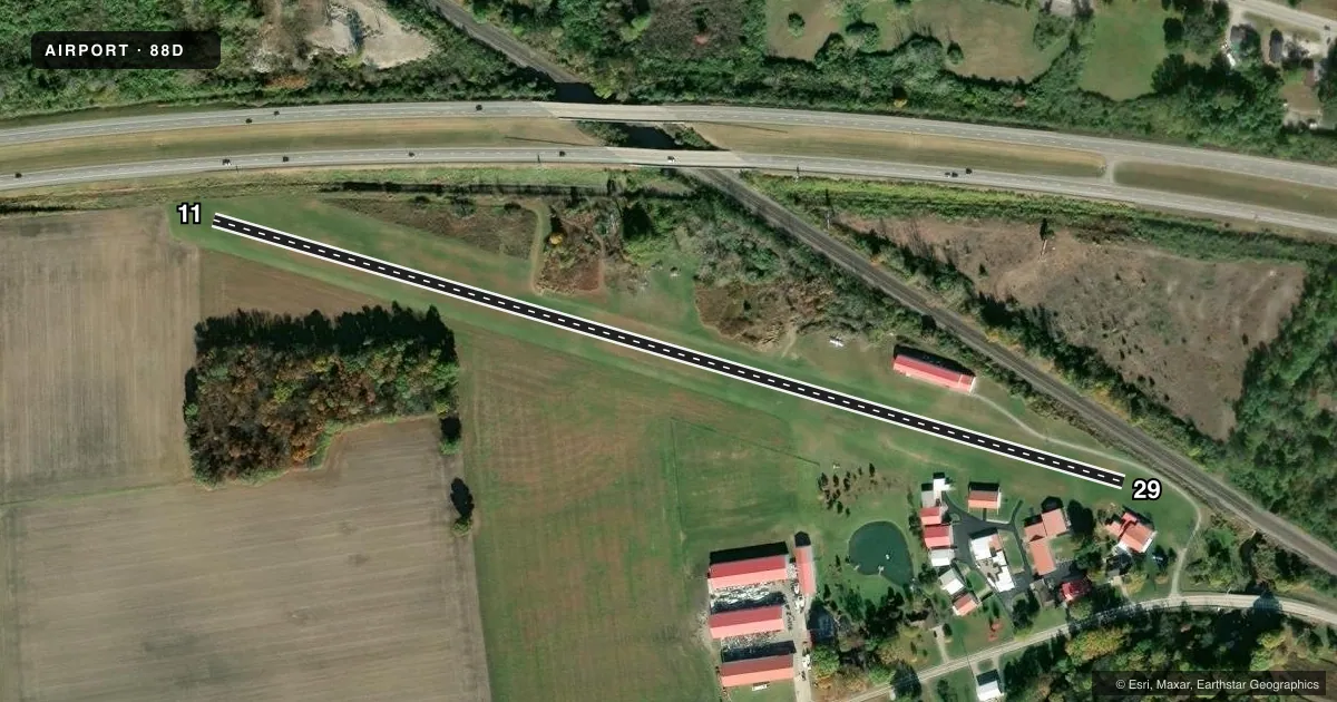 Top-down satellite sketch of 88D HINDE in HURON, OHIO, showing runways 11/29 drawn to scale over Esri World Imagery