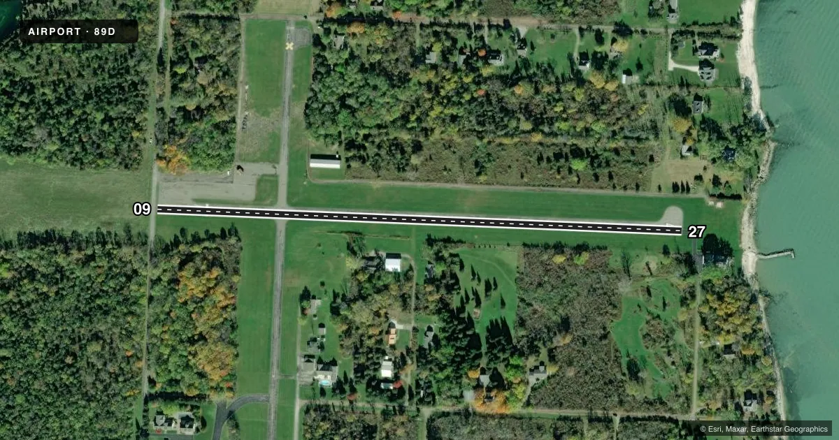 Top-down satellite sketch of 89D KELLEYS ISLAND LAND FLD in KELLEYS ISLAND, OHIO, showing runways 09/27 drawn to scale over Esri World Imagery