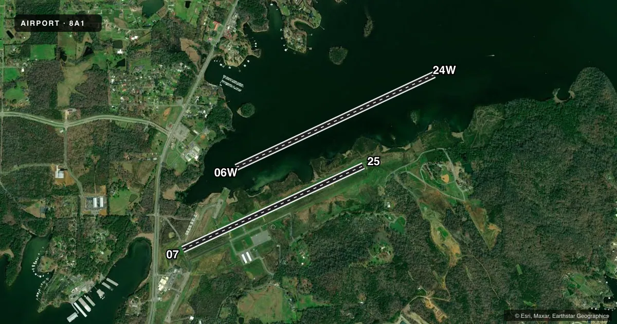 Top-down satellite sketch of 8A1 GUNTERSVILLE MUNI/JOE STARNES FLD in GUNTERSVILLE, ALABAMA, showing runways 06W/24W, 07/25 drawn to scale over Esri World Imagery