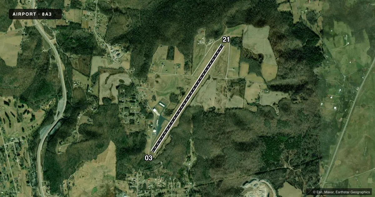 Top-down satellite sketch of 8A3 LIVINGSTON MUNI in LIVINGSTON, TENNESSEE, showing runways 03/21 drawn to scale over Esri World Imagery
