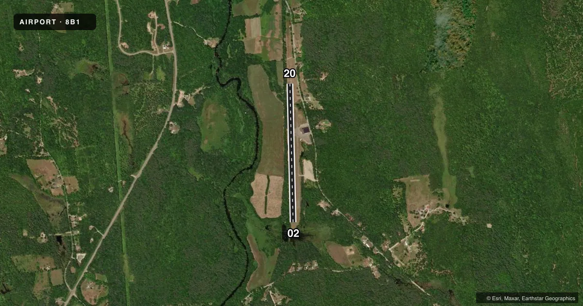 Top-down satellite sketch of 8B1 HAWTHORNE-FEATHER AIRPARK in HILLSBORO, NEW HAMPSHIRE, showing runways 02/20 drawn to scale over Esri World Imagery