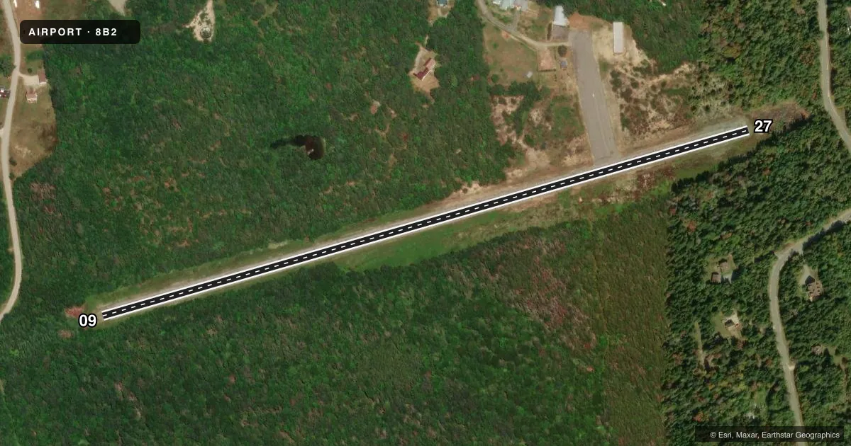 Top-down satellite sketch of 8B2 TWIN MOUNTAIN in TWIN MOUNTAIN, NEW HAMPSHIRE, showing runways 09/27 drawn to scale over Esri World Imagery