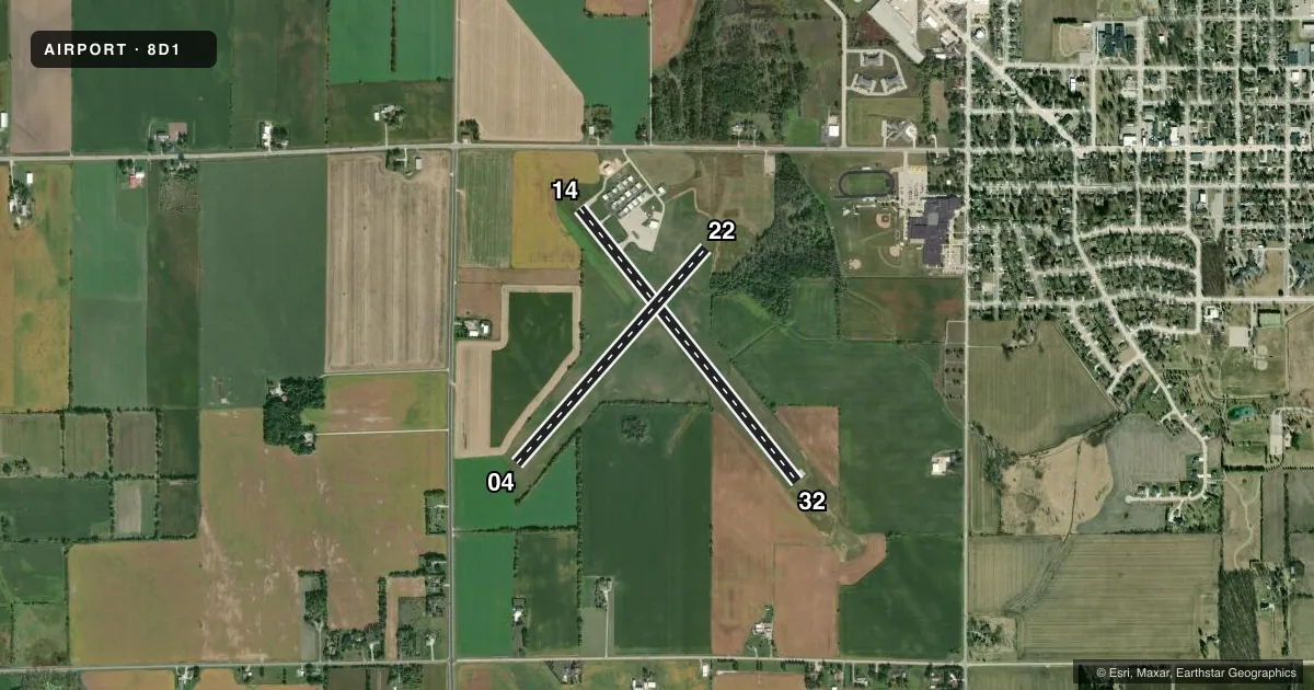 Top-down satellite sketch of 8D1 NEW HOLSTEIN MUNI in NEW HOLSTEIN, WISCONSIN, showing runways 14/32, 04/22 drawn to scale over Esri World Imagery