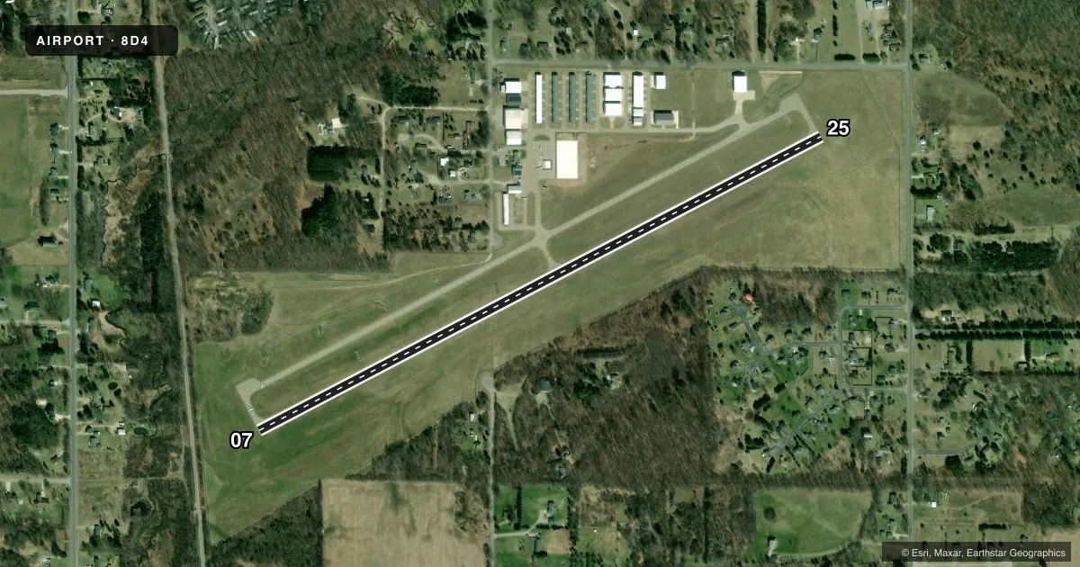 Top-down satellite sketch of 8D4 PAUL C MILLER/SPARTA in SPARTA, MICHIGAN, showing runways 07/25 drawn to scale over Esri World Imagery