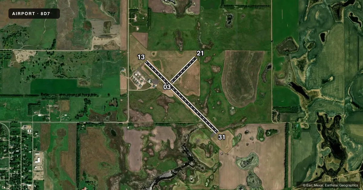 Top-down satellite sketch of 8D7 CLARK COUNTY in CLARK, SOUTH DAKOTA, showing runways 13/31, 03/21 drawn to scale over Esri World Imagery