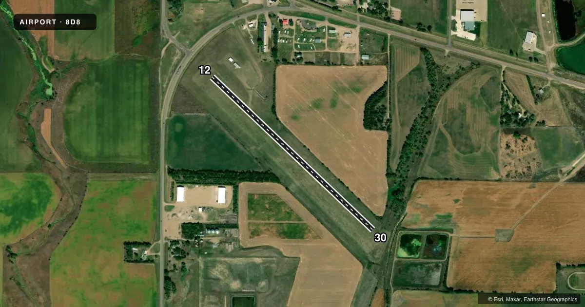 Top-down satellite sketch of 8D8 LAKE ANDES MUNI in LAKE ANDES, SOUTH DAKOTA, showing runways 12/30 drawn to scale over Esri World Imagery