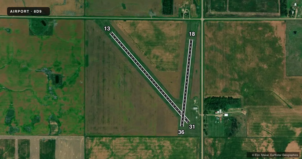 Top-down satellite sketch of 8D9 HOWARD MUNI in HOWARD, SOUTH DAKOTA, showing runways 13/31, 18/36 drawn to scale over Esri World Imagery