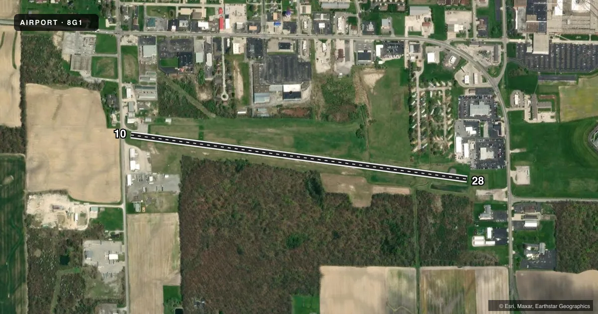 Top-down satellite sketch of 8G1 WILLARD in WILLARD, OHIO, showing runways 10/28 drawn to scale over Esri World Imagery