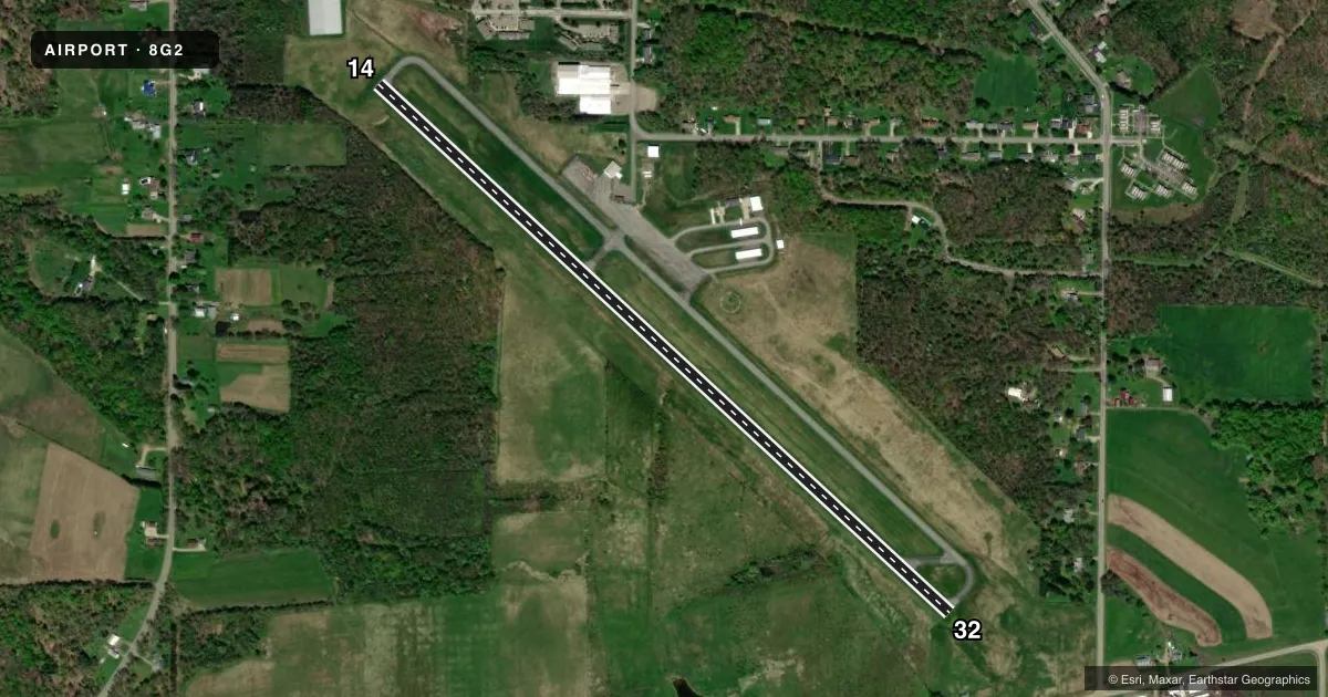 Top-down satellite sketch of 8G2 CORRY-LAWRENCE in CORRY, PENNSYLVANIA, showing runways 14/32 drawn to scale over Esri World Imagery
