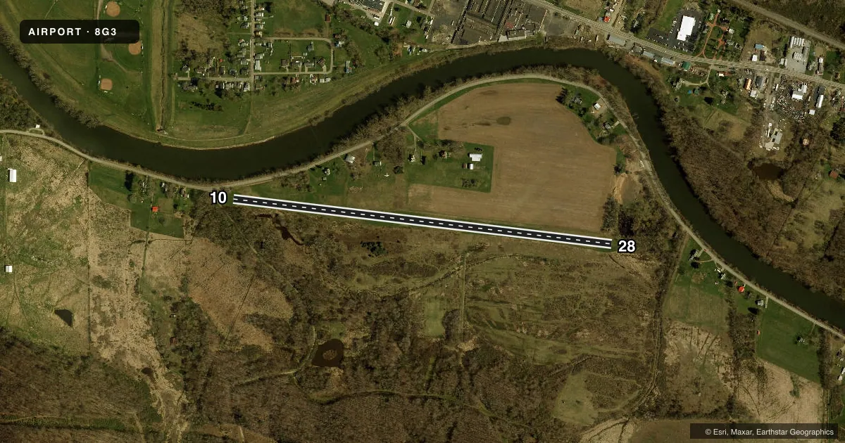 Top-down satellite sketch of 8G3 GIERMEK EXEC in OLEAN, NEW YORK, showing runways 10/28 drawn to scale over Esri World Imagery