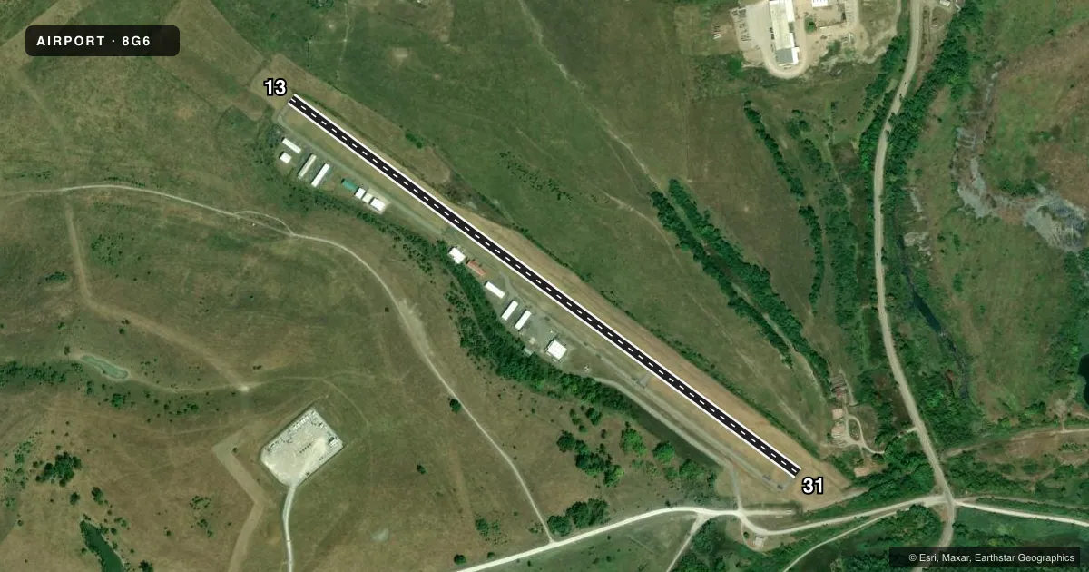 Top-down satellite sketch of 8G6 HARRISON COUNTY in CADIZ, OHIO, showing runways 13/31 drawn to scale over Esri World Imagery