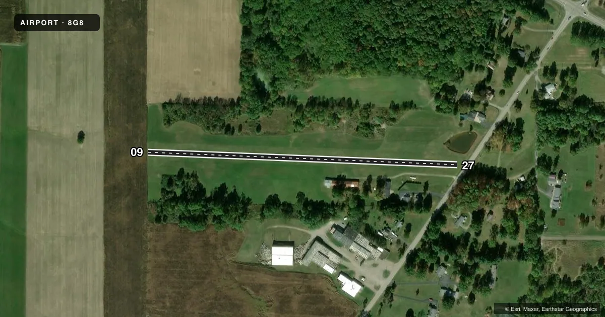 Top-down satellite sketch of 8G8 KOONS in SALEM, OHIO, showing runways 09/27 drawn to scale over Esri World Imagery