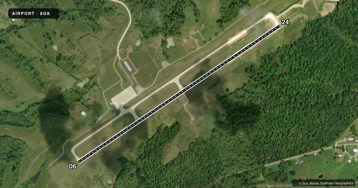 Top-down satellite sketch of 8GK GALLATIN COUNTY in SPARTA, KENTUCKY, showing runways 06/24 drawn to scale over Esri World Imagery