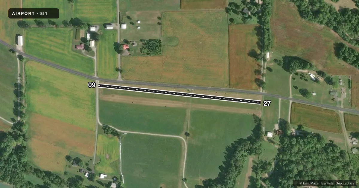 Top-down satellite sketch of 8I1 ROBINSON in VEVAY, INDIANA, showing runways 09/27 drawn to scale over Esri World Imagery