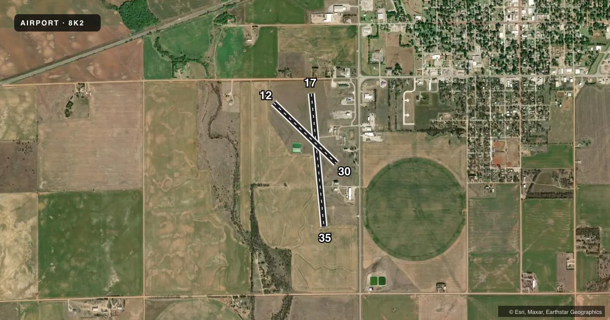 Top-down satellite sketch of 8K2 HARPER MUNI in HARPER, KANSAS, showing runways 17/35, 12/30 drawn to scale over Esri World Imagery