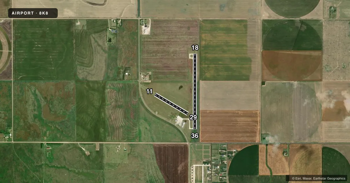 Top-down satellite sketch of 8K8 CIMARRON MUNI in CIMARRON, KANSAS, showing runways 18/36, 11/29 drawn to scale over Esri World Imagery