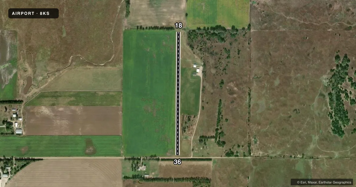 Top-down satellite sketch of 8KS MAXWELL AVIATION in LYONS, KANSAS, showing runways 18/36 drawn to scale over Esri World Imagery