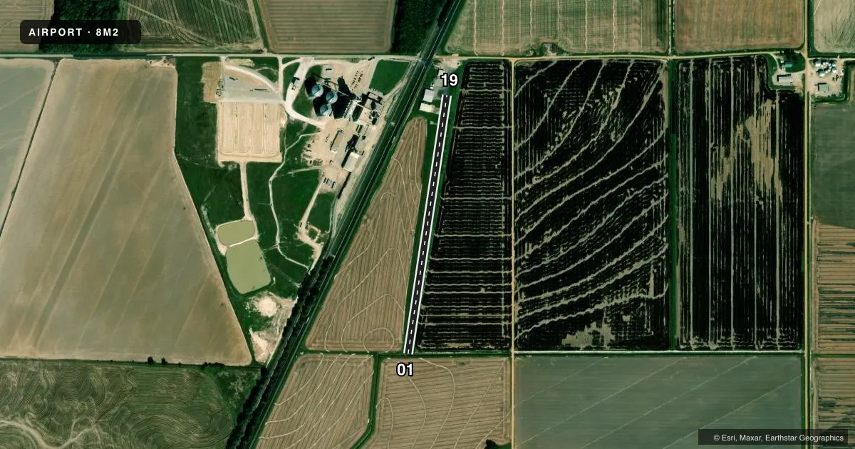 Top-down satellite sketch of 8M2 SALLY WOFFORD in WEINER, ARKANSAS, showing runways 01/19 drawn to scale over Esri World Imagery