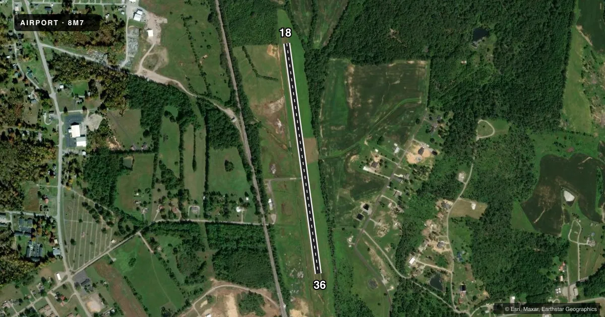 Top-down satellite sketch of 8M7 TRADEWATER in DAWSON SPRINGS, KENTUCKY, showing runways 18/36 drawn to scale over Esri World Imagery