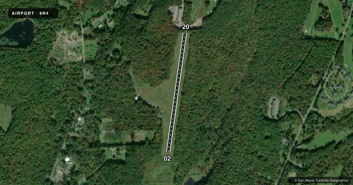 Top-down satellite sketch of 8N4 FLYING DOLLAR in CANADENSIS, PENNSYLVANIA, showing runways 02/20 drawn to scale over Esri World Imagery