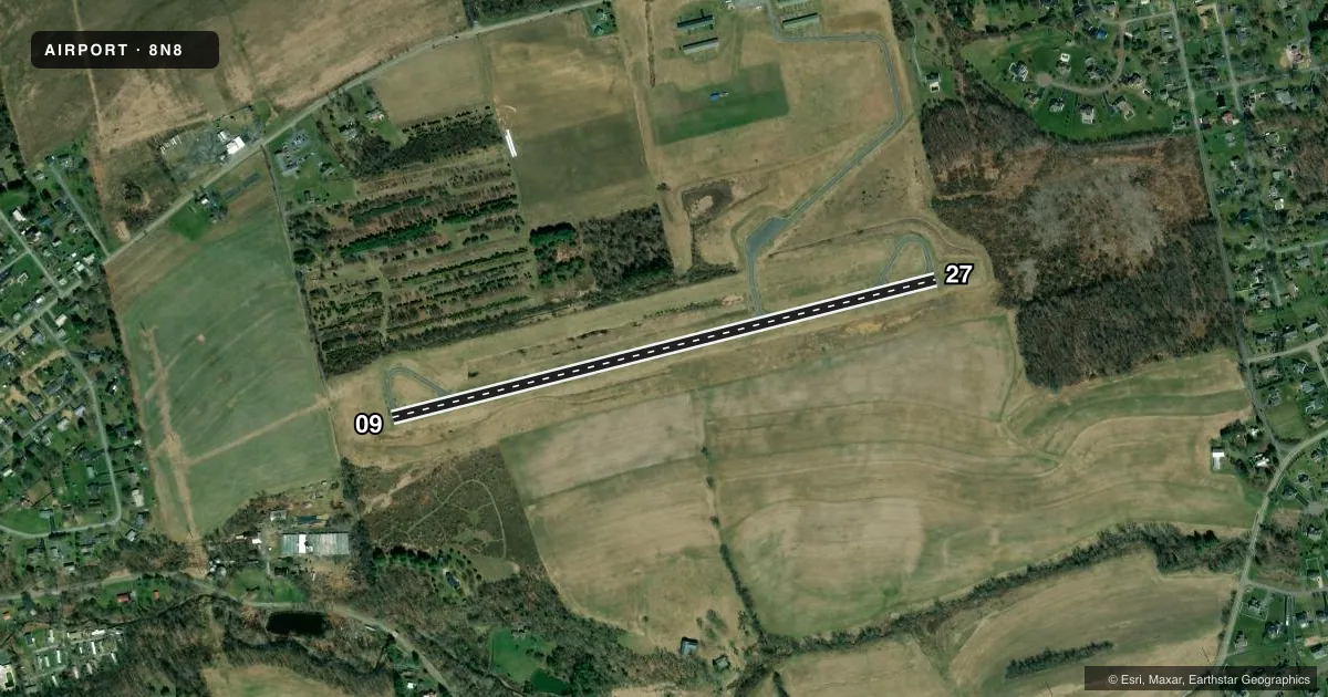 Top-down satellite sketch of 8N8 DANVILLE in DANVILLE, PENNSYLVANIA, showing runways 09/27 drawn to scale over Esri World Imagery