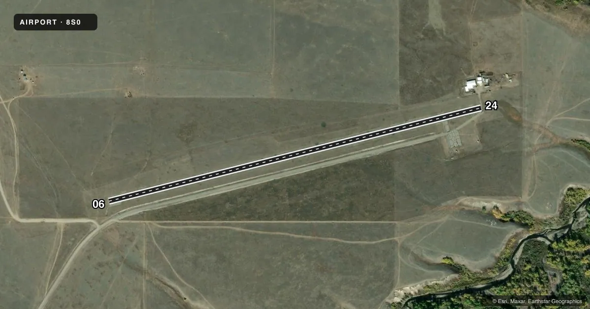 Top-down satellite sketch of 8S0 STARR-BROWNING AIRSTRIP in BROWNING, MONTANA, showing runways 06/24 drawn to scale over Esri World Imagery