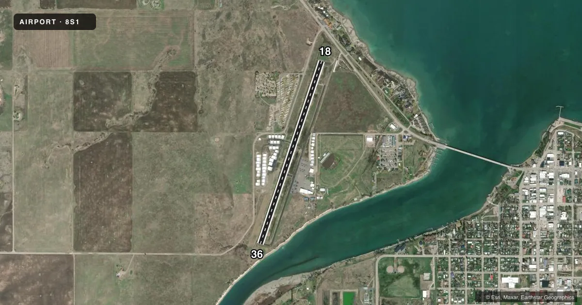 Top-down satellite sketch of 8S1 POLSON in POLSON, MONTANA, showing runways 18/36 drawn to scale over Esri World Imagery