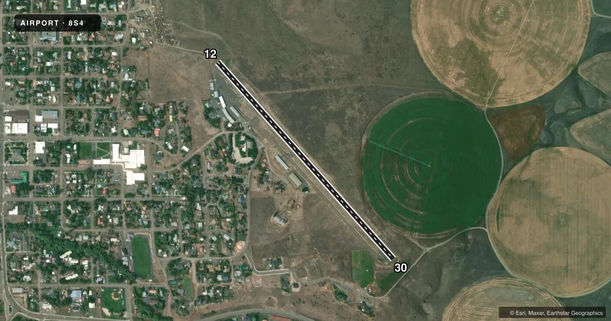 Top-down satellite sketch of 8S4 ENTERPRISE MUNI in ENTERPRISE, OREGON, showing runways 12/30 drawn to scale over Esri World Imagery