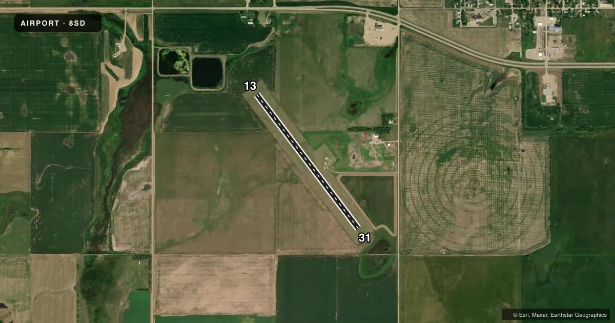 Top-down satellite sketch of 8SD BOWDLE MUNI in BOWDLE, SOUTH DAKOTA, showing runways 13/31 drawn to scale over Esri World Imagery