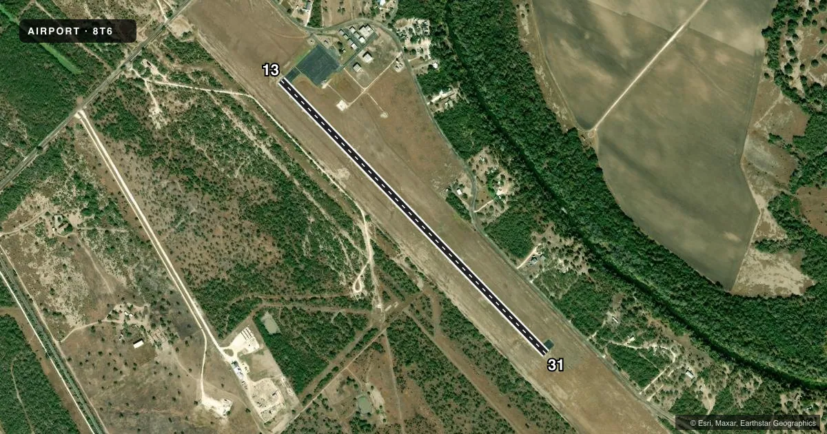 Top-down satellite sketch of 8T6 LIVE OAK COUNTY in GEORGE WEST, TEXAS, showing runways 13/31 drawn to scale over Esri World Imagery