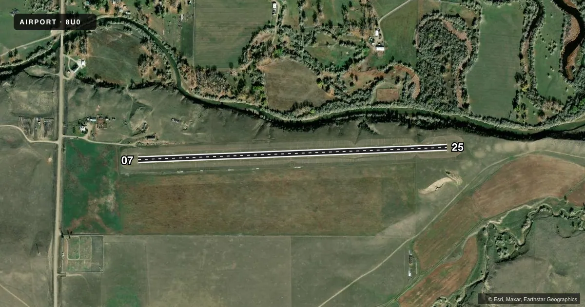 Top-down satellite sketch of 8U0 RYEGATE in RYEGATE, MONTANA, showing runways 07/25 drawn to scale over Esri World Imagery