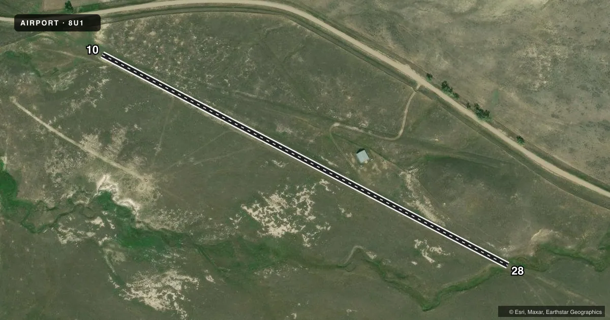 Top-down satellite sketch of 8U1 SAND SPRINGS STRIP in SAND SPRINGS, MONTANA, showing runways 10/28 drawn to scale over Esri World Imagery