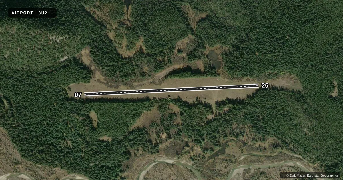 Top-down satellite sketch of 8U2 SCHAFER /USFS/ in SCHAFER, MONTANA, showing runways 07/25 drawn to scale over Esri World Imagery