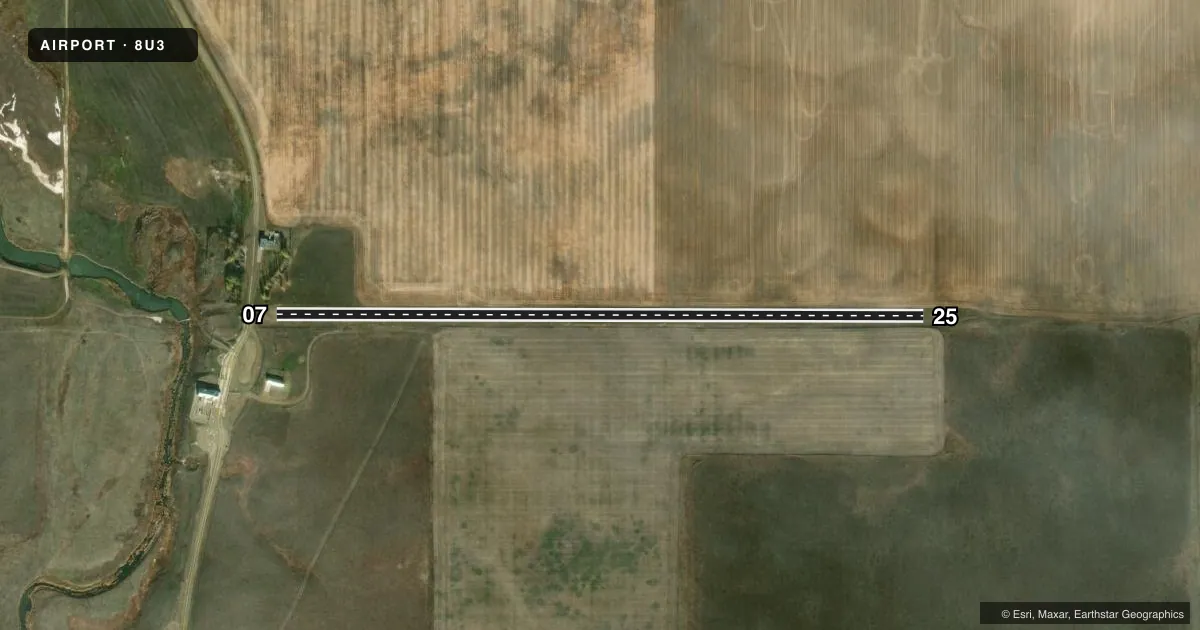 Top-down satellite sketch of 8U3 SCOBEY BORDER STATION/EAST POPLAR INTL in SCOBEY, MONTANA, showing runways 07/25 drawn to scale over Esri World Imagery