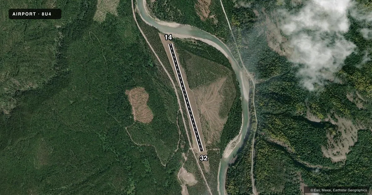 Top-down satellite sketch of 8U4 SPOTTED BEAR /USFS/ in SPOTTED BEAR, MONTANA, showing runways 14/32 drawn to scale over Esri World Imagery