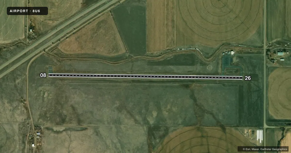 Top-down satellite sketch of 8U6 TERRY in TERRY, MONTANA, showing runways 08/26 drawn to scale over Esri World Imagery
