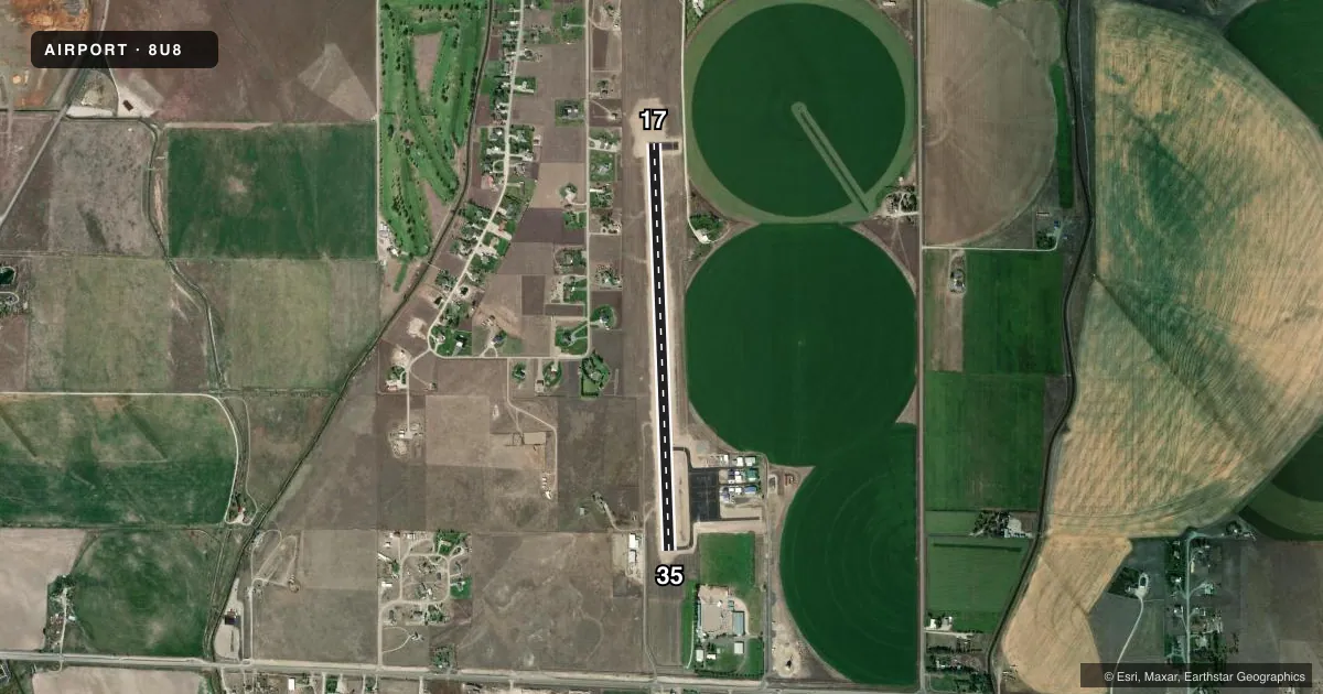 Top-down satellite sketch of 8U8 BROADWATER COUNTY in TOWNSEND, MONTANA, showing runways 17/35 drawn to scale over Esri World Imagery