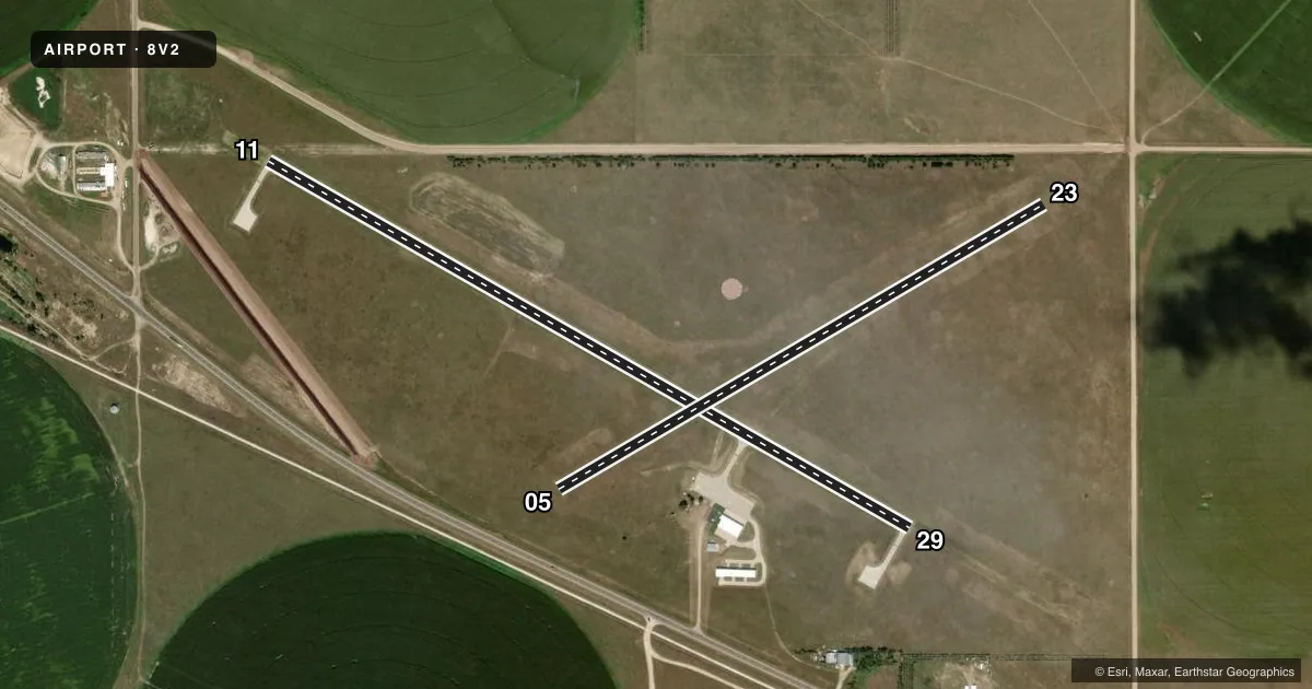 Top-down satellite sketch of 8V2 STUART-ATKINSON MUNI in ATKINSON, NEBRASKA, showing runways 11/29, 05/23 drawn to scale over Esri World Imagery