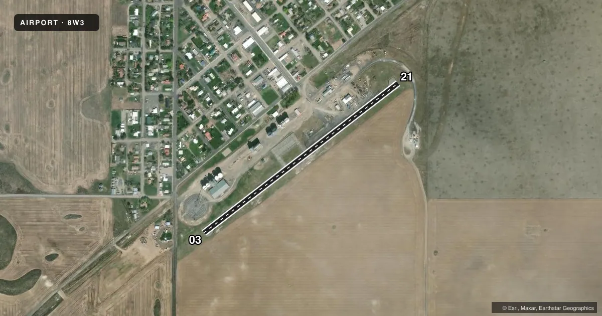 Top-down satellite sketch of 8W3 MANSFIELD in MANSFIELD, WASHINGTON, showing runways 03/21 drawn to scale over Esri World Imagery