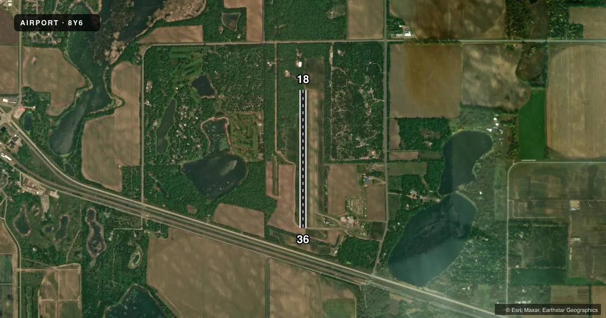 Top-down satellite sketch of 8Y6 LEADERS CLEAR LAKE in CLEAR LAKE, MINNESOTA, showing runways 18/36 drawn to scale over Esri World Imagery