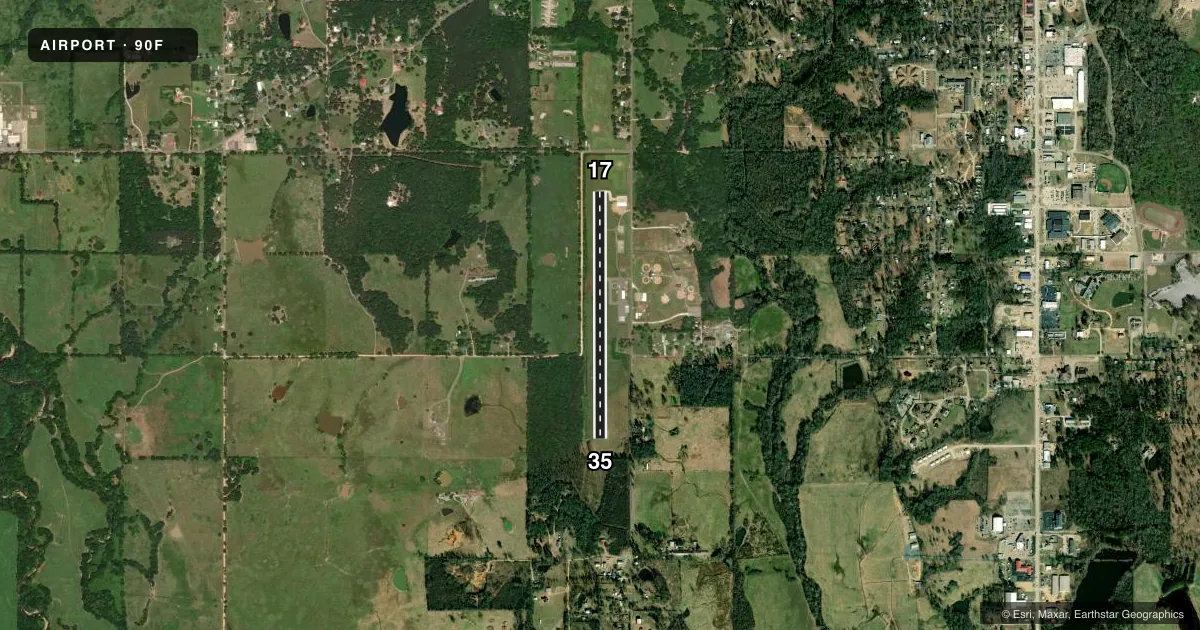 Top-down satellite sketch of 90F BROKEN BOW MUNI in BROKEN BOW, OKLAHOMA, showing runways 17/35 drawn to scale over Esri World Imagery