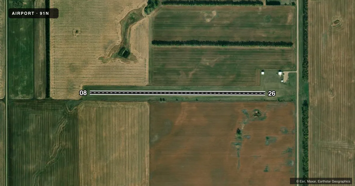 Top-down satellite sketch of 91N TURTLE LAKE MUNI in TURTLE LAKE, NORTH DAKOTA, showing runways 08/26 drawn to scale over Esri World Imagery