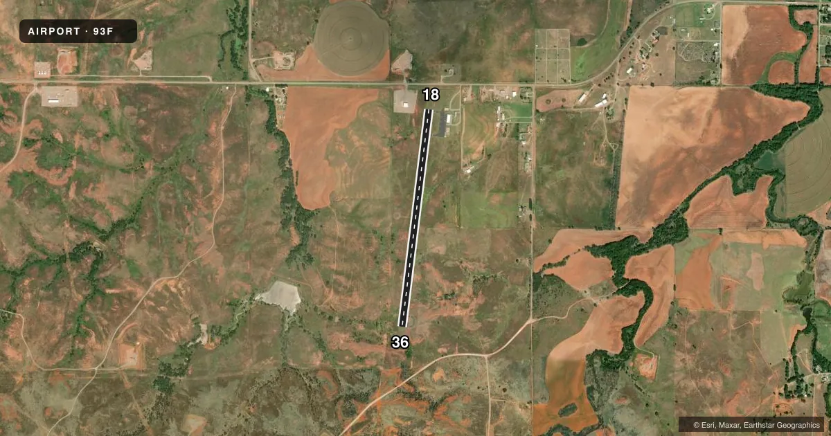 Top-down satellite sketch of 93F MIGNON LAIRD MUNI in CHEYENNE, OKLAHOMA, showing runways 18/36 drawn to scale over Esri World Imagery