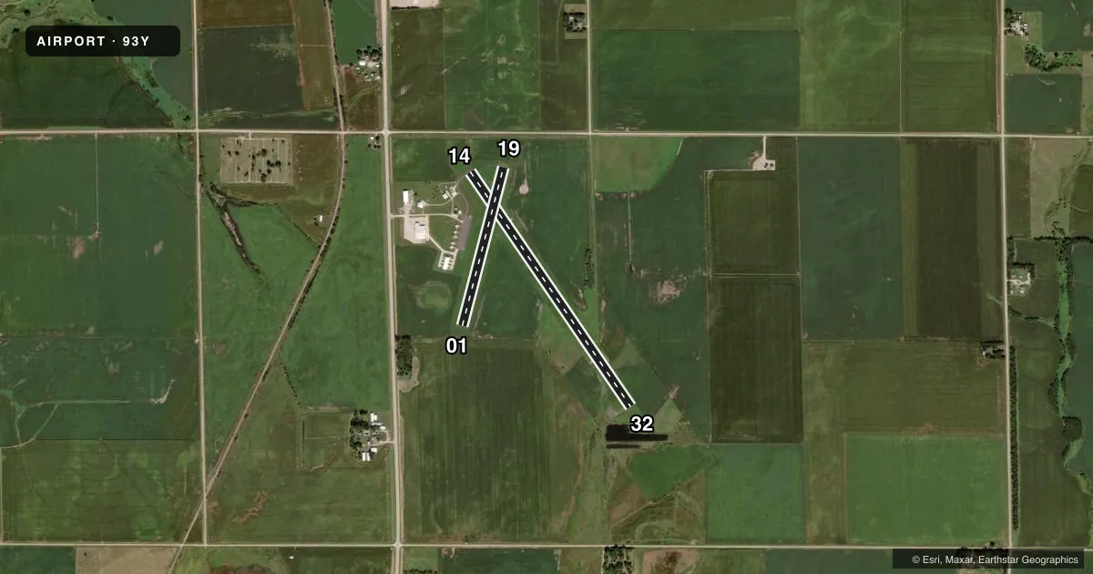 Top-down satellite sketch of 93Y DAVID CITY MUNI in DAVID CITY, NEBRASKA, showing runways 14/32, 01/19 drawn to scale over Esri World Imagery